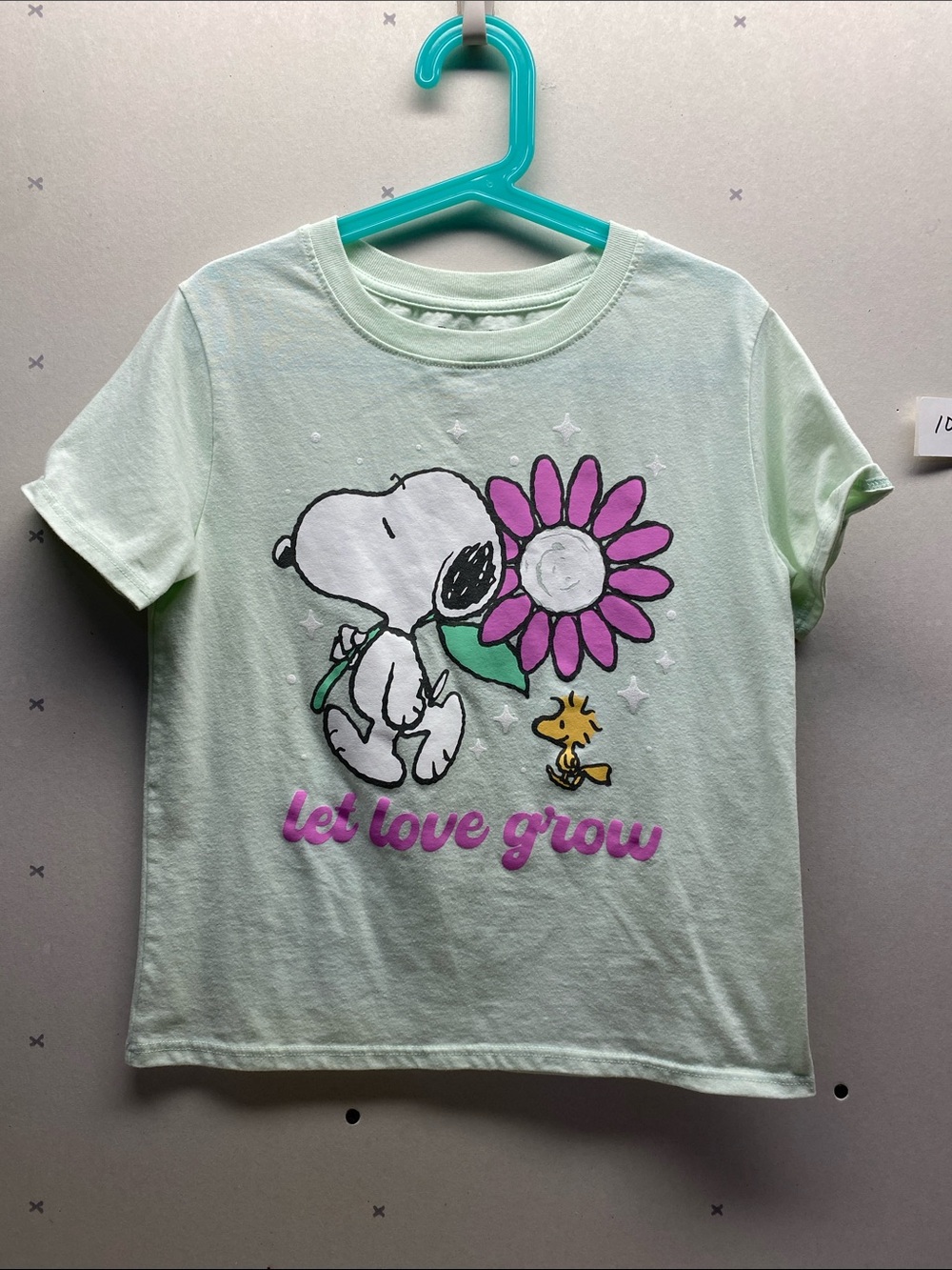 Peanuts Light Green Tee with Purple Flower Graphic - Imperfect